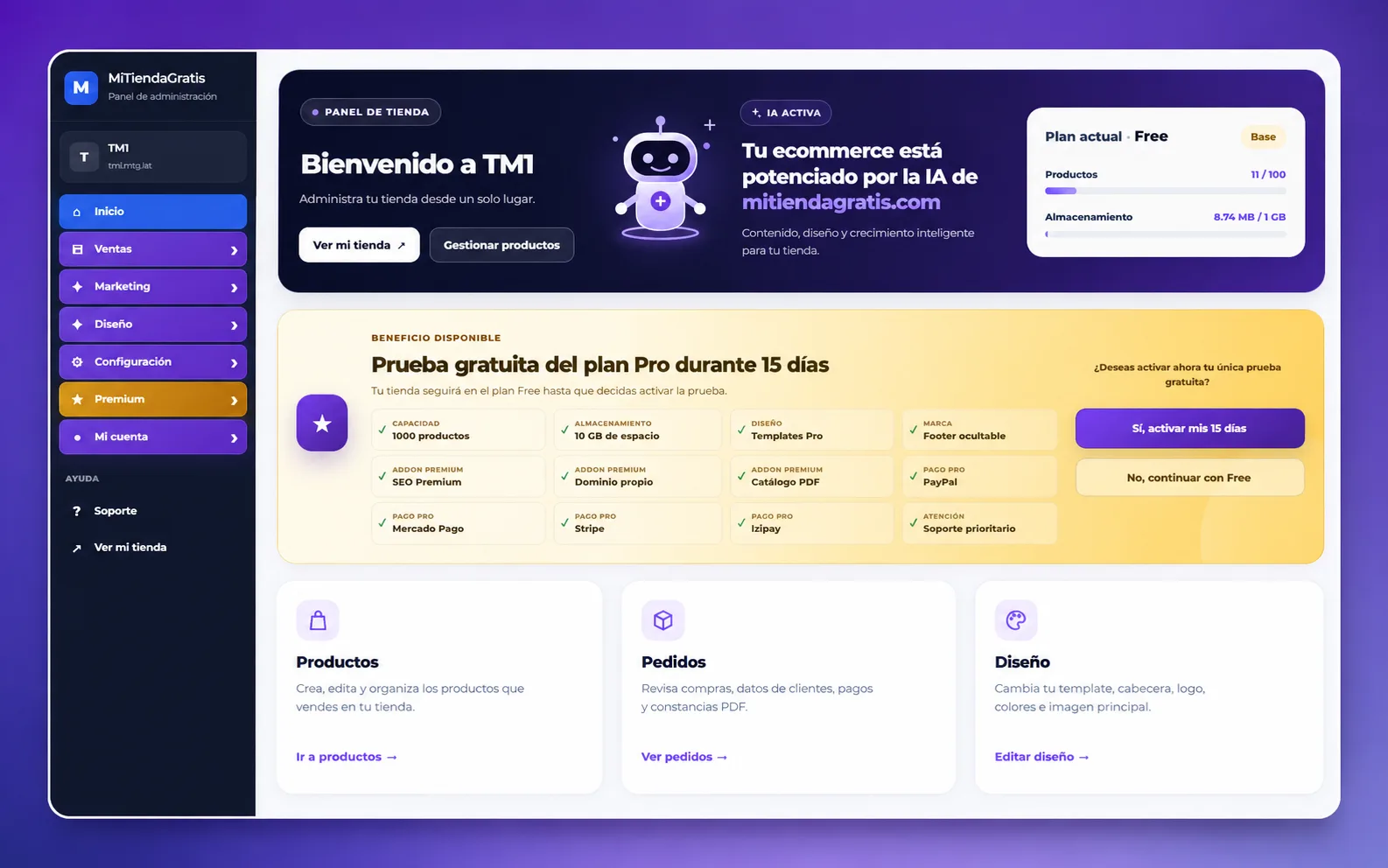 Panel de administración MiTiendaGratis